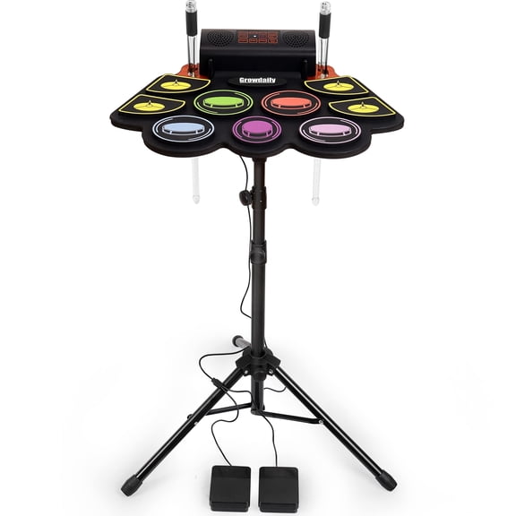 Batería eléctrica para niños, batería electrónica práctica 9 pads con soporte, grabación de música, baquetas iluminadas, pedal de batería, Midi, altavoz estéreo dual (arco iris)