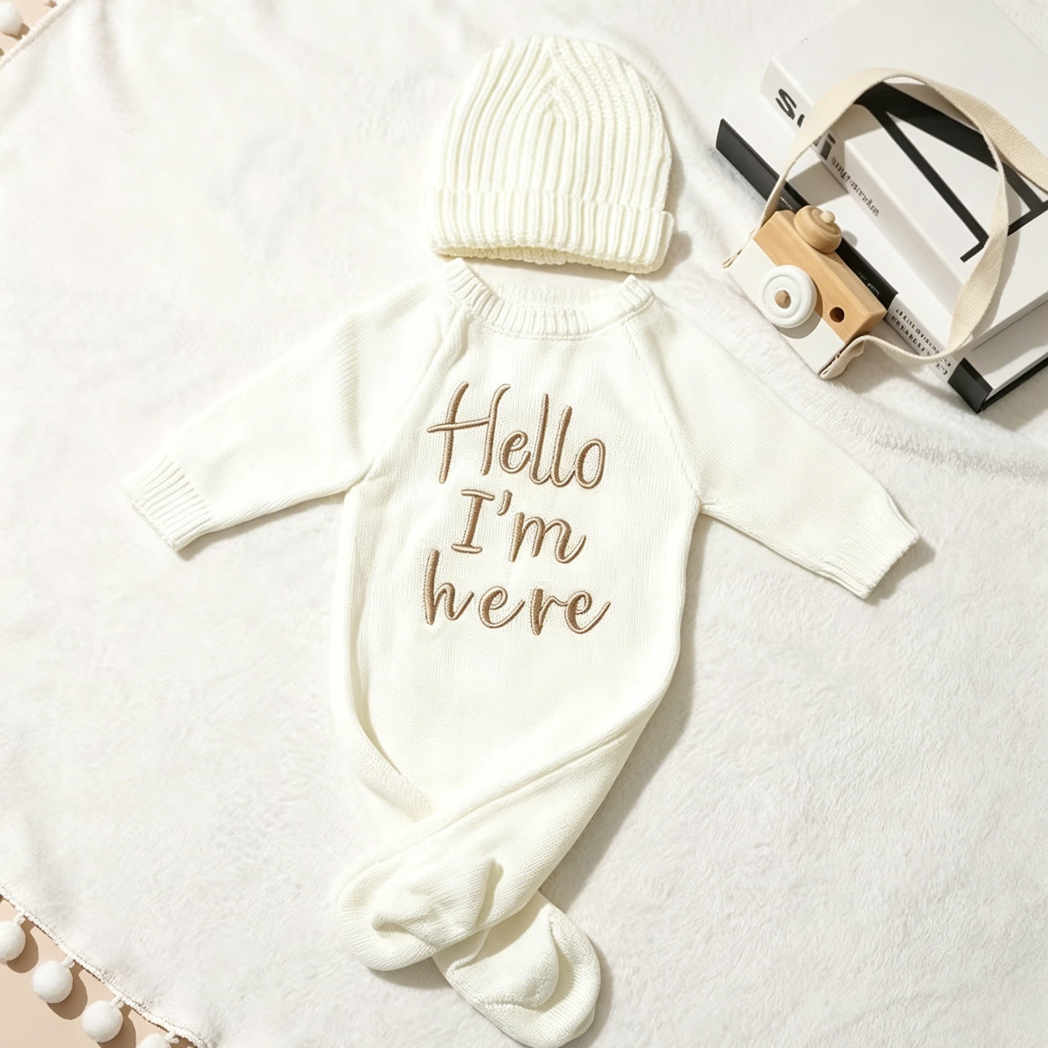 Ylsteed "Hello" Embroidery Knitting Onesie Newborn Birth Announcement Outfits Footed Jumpsuit Baby Boy Girl Photography Props Newborn