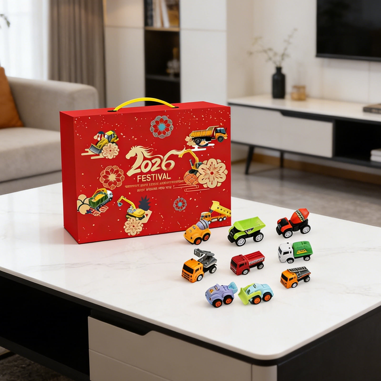 Engineering Vehicle Toy Blind Box - 17 - Grid Surprise Box with 4 Red Packets & 13 Toys, Red Aircraft - Shaped Gift Box, Boys, Girls for Christmas, Birthday, Party Favors