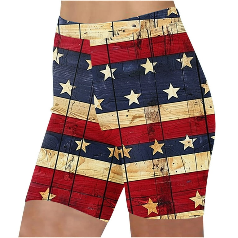 TrendVibe365 Red White and Blue Legging Shorts for Women Running Short Leggings Tights Striped Stars Distressed Patriotic Pants Yoga Workout Stretchy Slim Fit Usa Flag Trousers Elastic Waist Pant Walm...