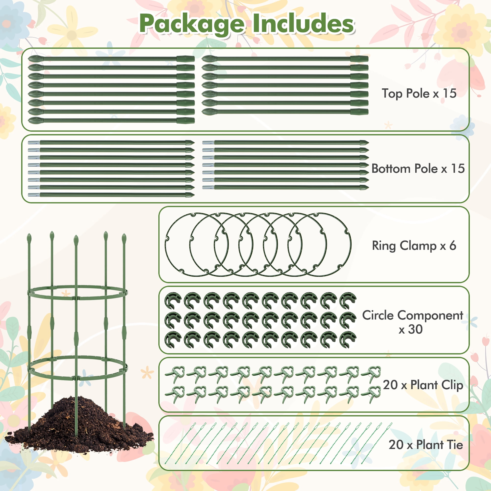 Gymax 3-Pack Garden Tomato Trellis 40'' Plant Support Cage w/ Adjustable Size for Plants