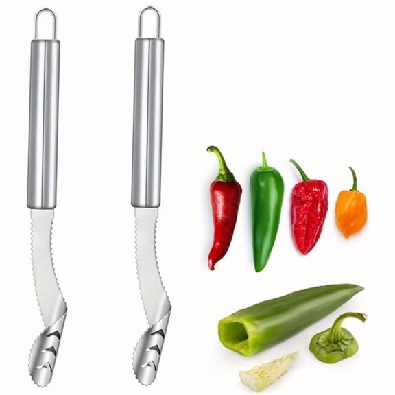 Two-Piece Stainless Steel Chili Pepper Removal Tool - An easy and convenient kitchen gadget for making burritos, salsa, and barbecues