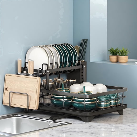 YHIPL 2-Tier Kitchen Dish Drying Rack, Stainless Steel Large Capacity Dish Rack With Cutlery Rack and Cutting Board Slot, Saves Space, Suitable for Kitchen Countertops, Black