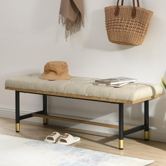 Shoe Bench Entryway, End of Bed Bench, Bench for Bedroom End of Bed, Modern Faux Leather Bench for Living Room, Entryway Bench Seat, Padded Bench with Solid Metal Shelf Gold, Beige