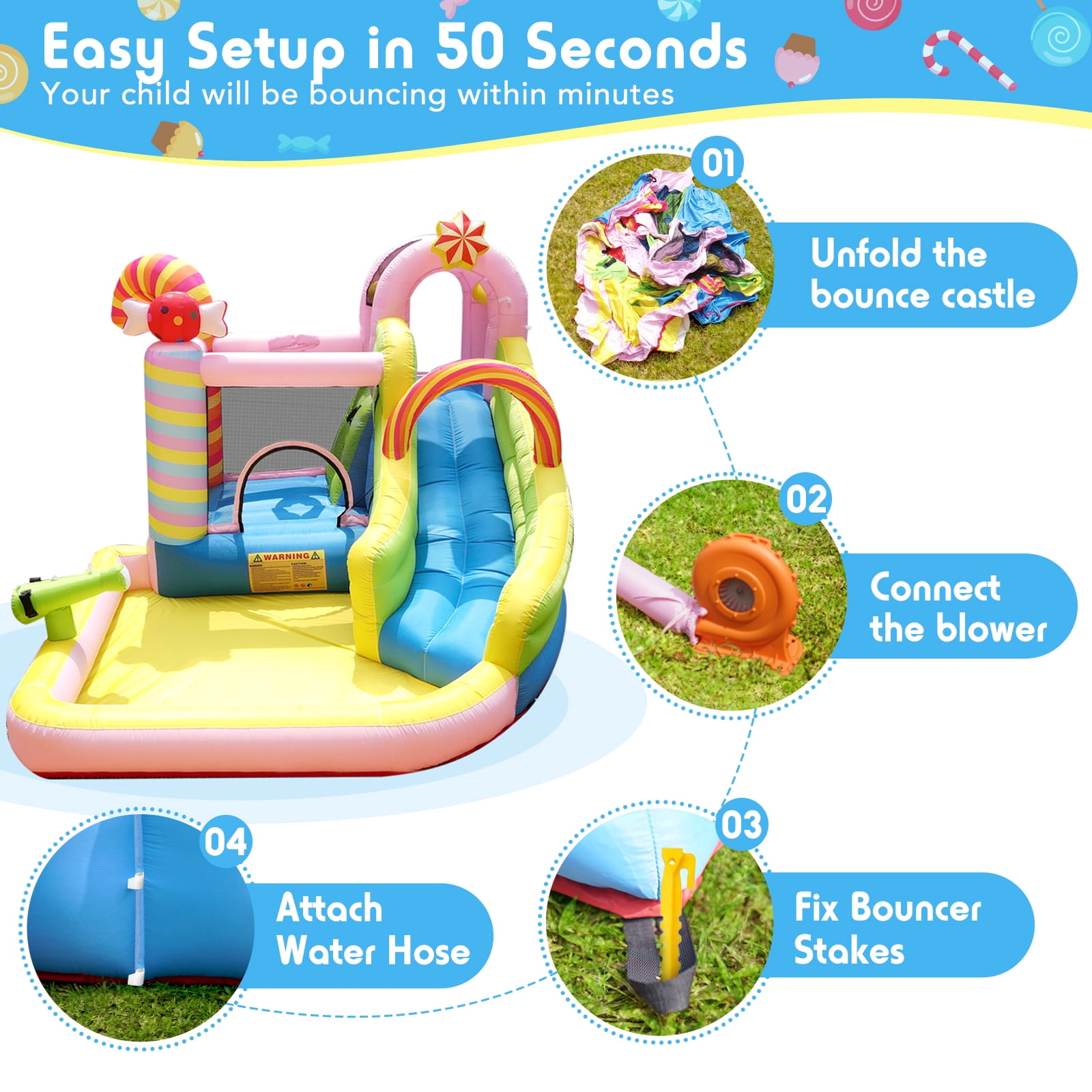 NBSPORT 6-in-1 Inflatable Bounce House & Water Slide Combo for Indoor & Outdoor, Sweet Candy Theme with Splash Pool, Slide and Air Blower