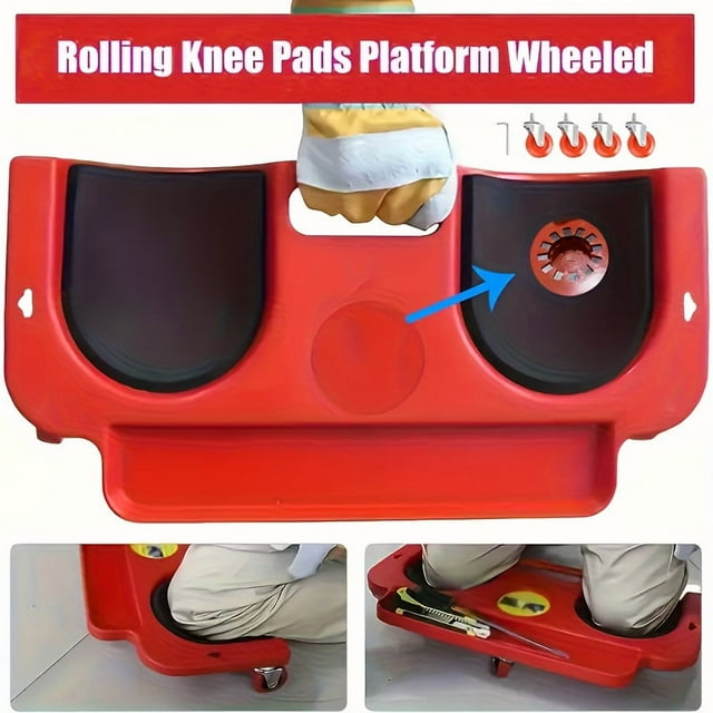 Plateau Ergonomique à Roulettes pour Genouillères avec ABS Robuste et 5 Roues - Genou Portable pour Peinture de Plancher, Réparation de Voiture, Menuiserie - Rangement d'Outils pour Entrepreneurs, Peintres, Mécaniciens (Rouge/noir)