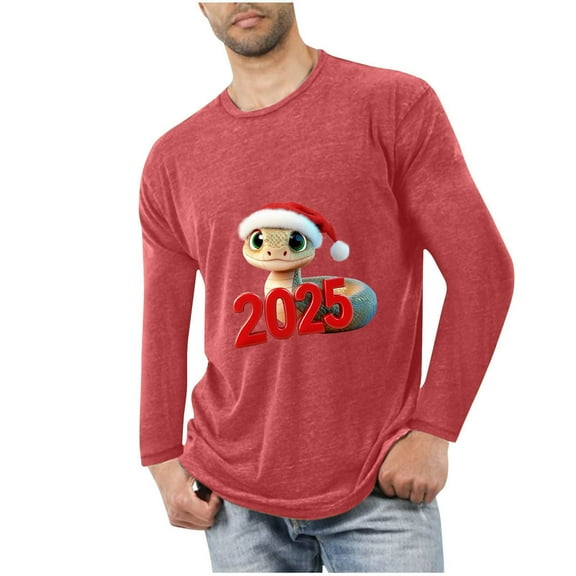 GuangCheng Christmas Shirts for Men Crew Neck,Long Sleeve Tops,Printed,Pullover,Baggy,Bottom,Tees,Comfy Loose Piece,Red,Size XL