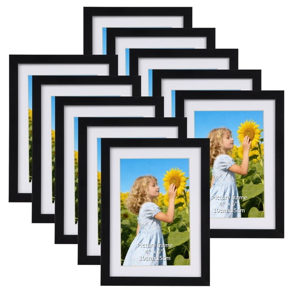 5x7 Picture Frame Set of 10, Matted to 4x6 Picture with Mat or Multi 5x7 Photo without Mat, Wall Hanging or Tabletop Display, Black