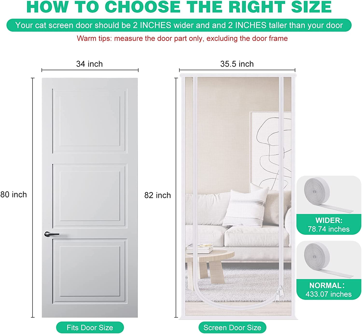 Wallfire Reinforced Cat Screen Door, Heavy Duty Pets Proof Screen Door with Bilateral Zipper, Prevent Dogs Cats Running Out from Home, Bedroom, Living Room, Kitchen Patio Door,35.5X82,White