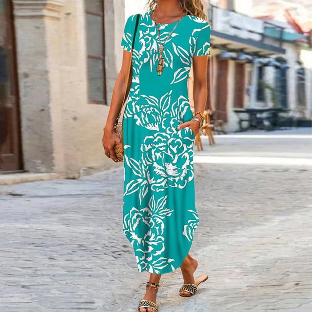 Robes Longues Bohèmes à Imprimé Floral pour Femmes Été Col Rond Manches Courtes Poches Robe Femme Vintage Décontractée Maxi Robes de Soirée