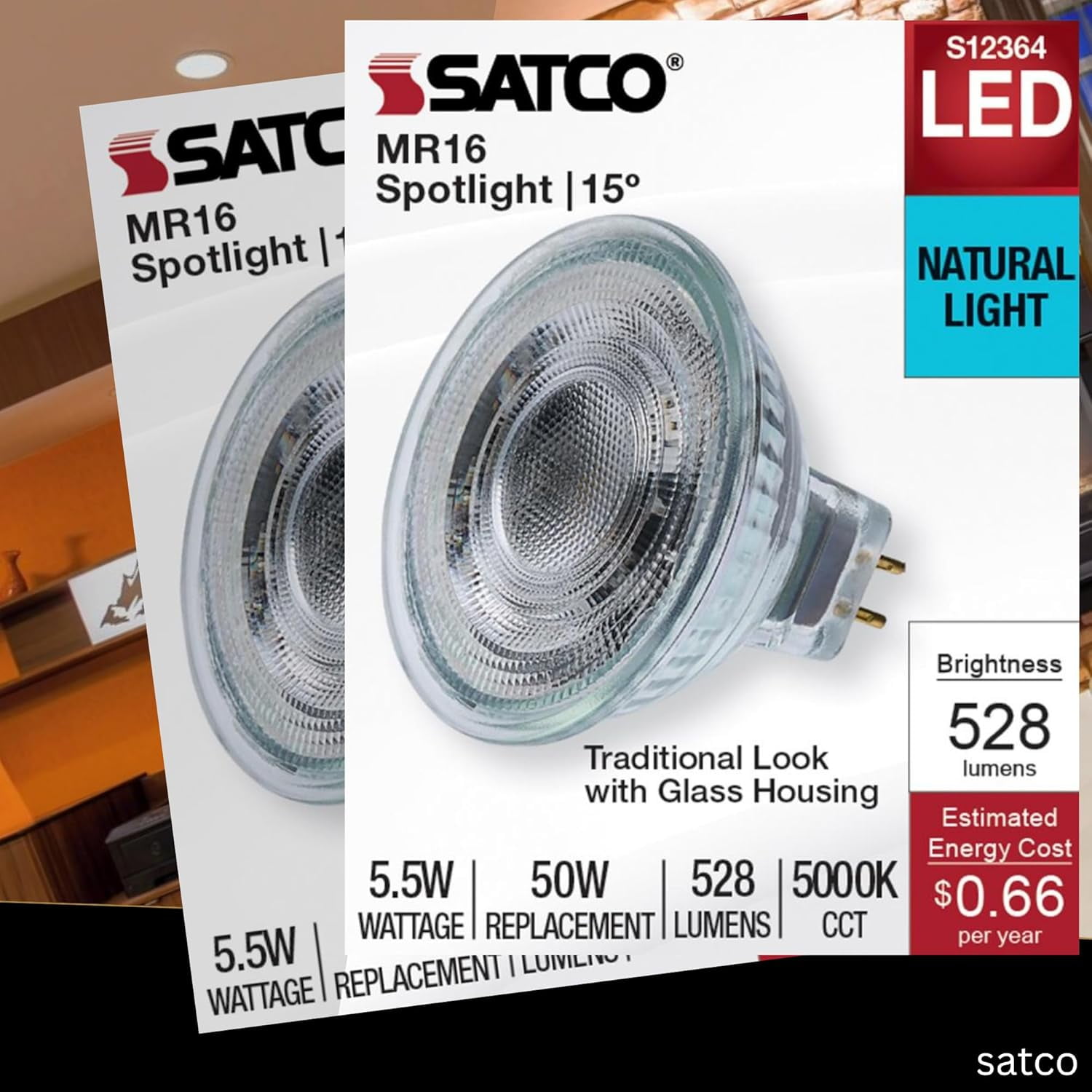 Satco S12364 MR16 LED Flood Light Bulbs 12V 5.5W 5000K GU5.3 Base Dimmable (12 Pack)