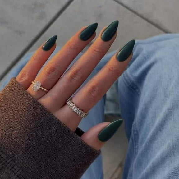 Dark Green Press on Nails Medium Stiletto Almond, Pure Color Acrylic Nails Kit Reusable Fake Nails Christmas with Feature Protective UV Coating for Women Nail Art Manicure in 24PCS