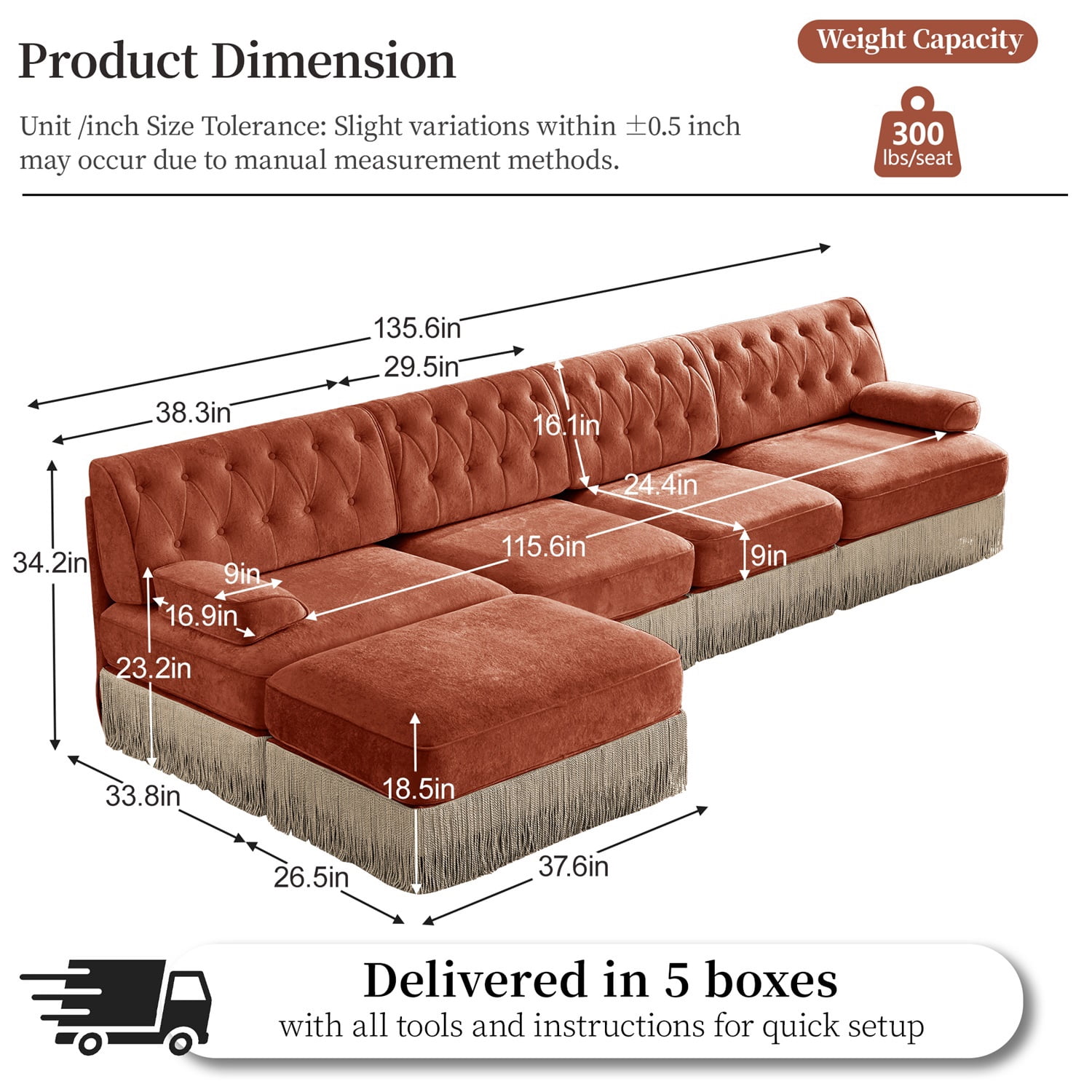 Hommoo 4-Seater Chesterfield Style Velvet Fabric L-Shaped Sectional Sofa, Tufted Button Upholstered Design and Floor-grazing Tassel, Free Combination Sofa Couch Set, for Home, Red Brown