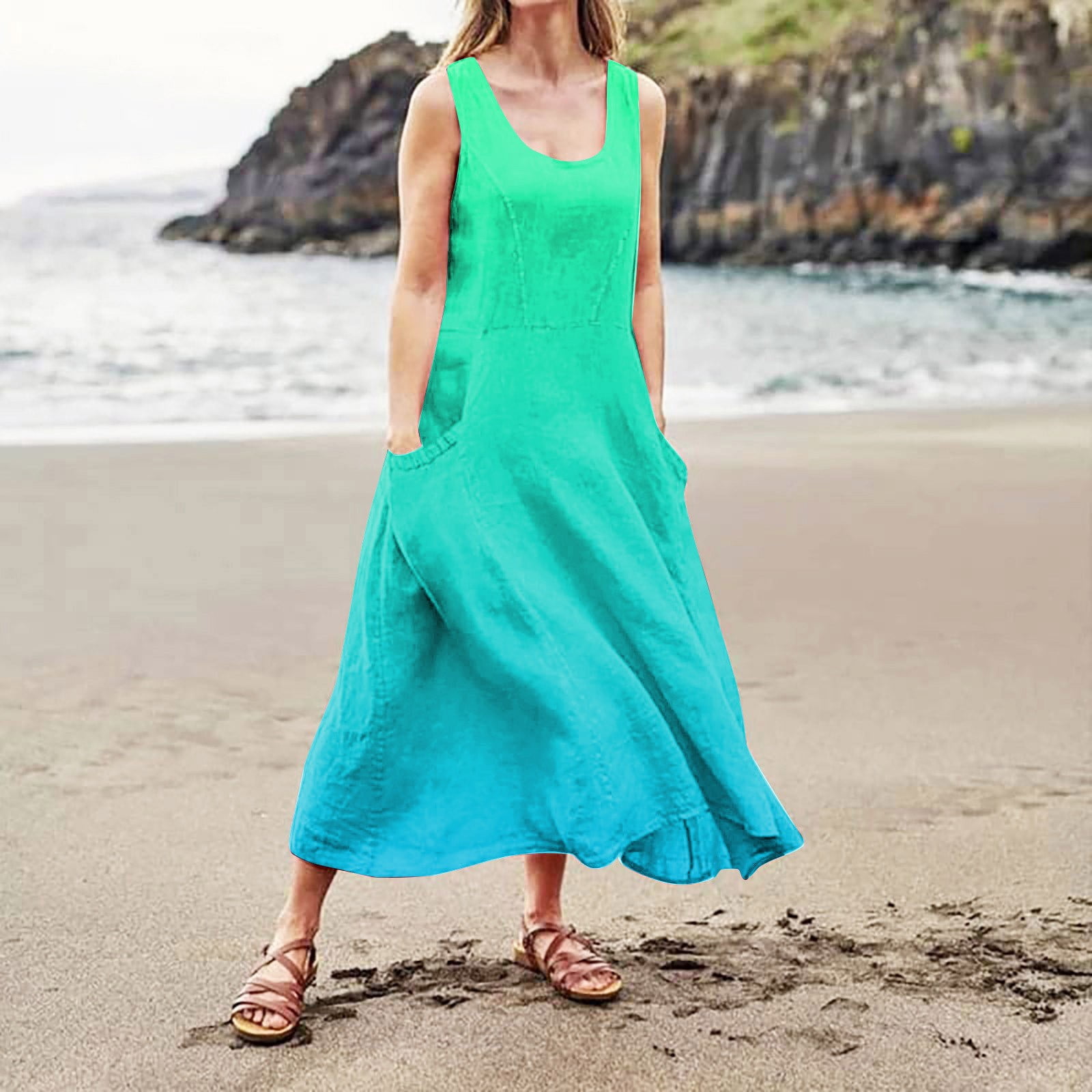 Women's Linen Tank Sundress - Summer 2024 Trendy, Long, Casual With Pockets - View #6
