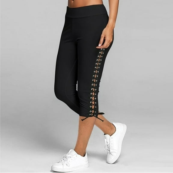 AKEGAMN Solid Bandage Elastic Waist Cropped Trousers Casual Sweatpants, Black L, Size S-3XL