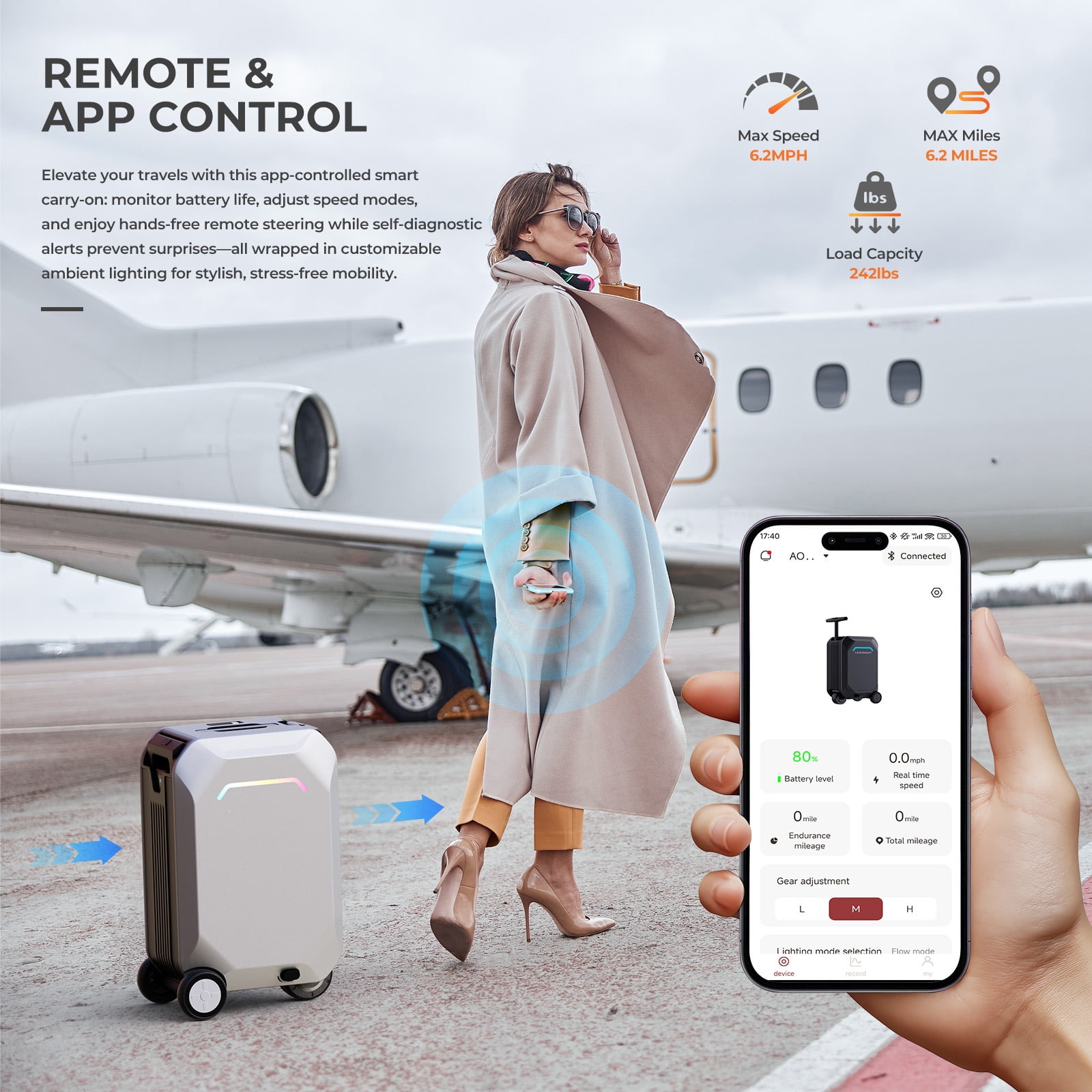 GOLUCKY 22" Smart Rideable Carry-On Luggage, Motorized Suitcase with App Control, TSA-Approved, Zipperless Hard Shell & Removable Battery for Air Travel, Silver