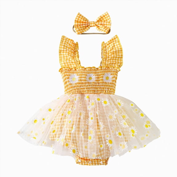 NIEWTR Baby Girl Dresses Summer Clothes Newborn Baby Girls Birthday Dress Infant Shiny Printed Sequin Bowknot Tutu Princess Dress(A1-Yellow,3-6 Months)