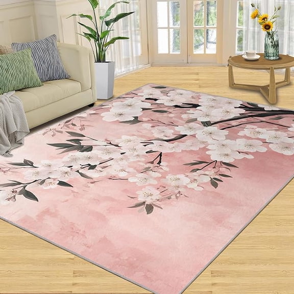 Cherry Blossom Rug, Vintage Floral Rugs for Living Room, Pink Washable Rugs for Bedroom, Indoor Carpet & Home Decor, Non Slip & Low Pile 3x5ft