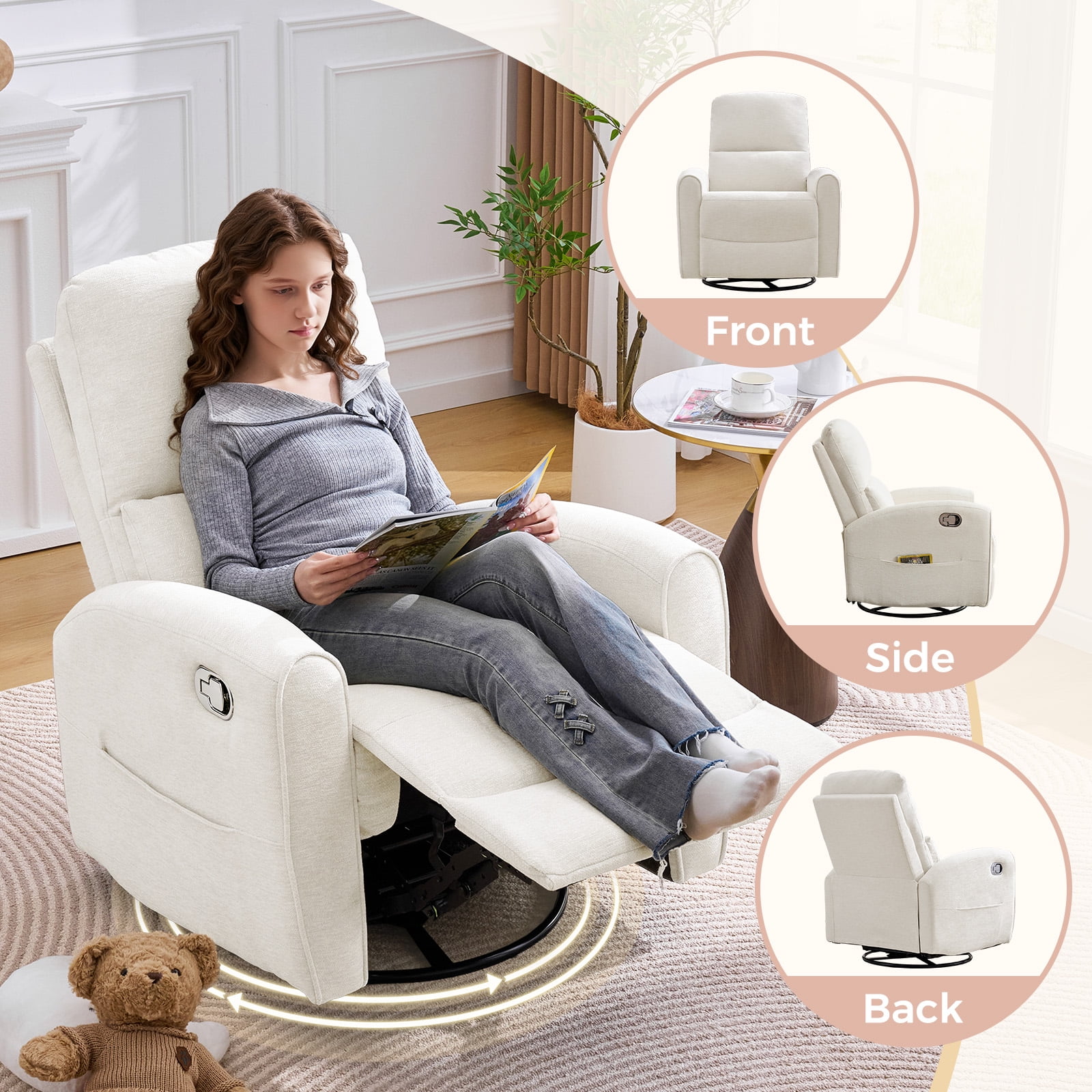Aemeios Manual Recliner Swivel Chenille Glider Chair with Adjustable Headrest, White