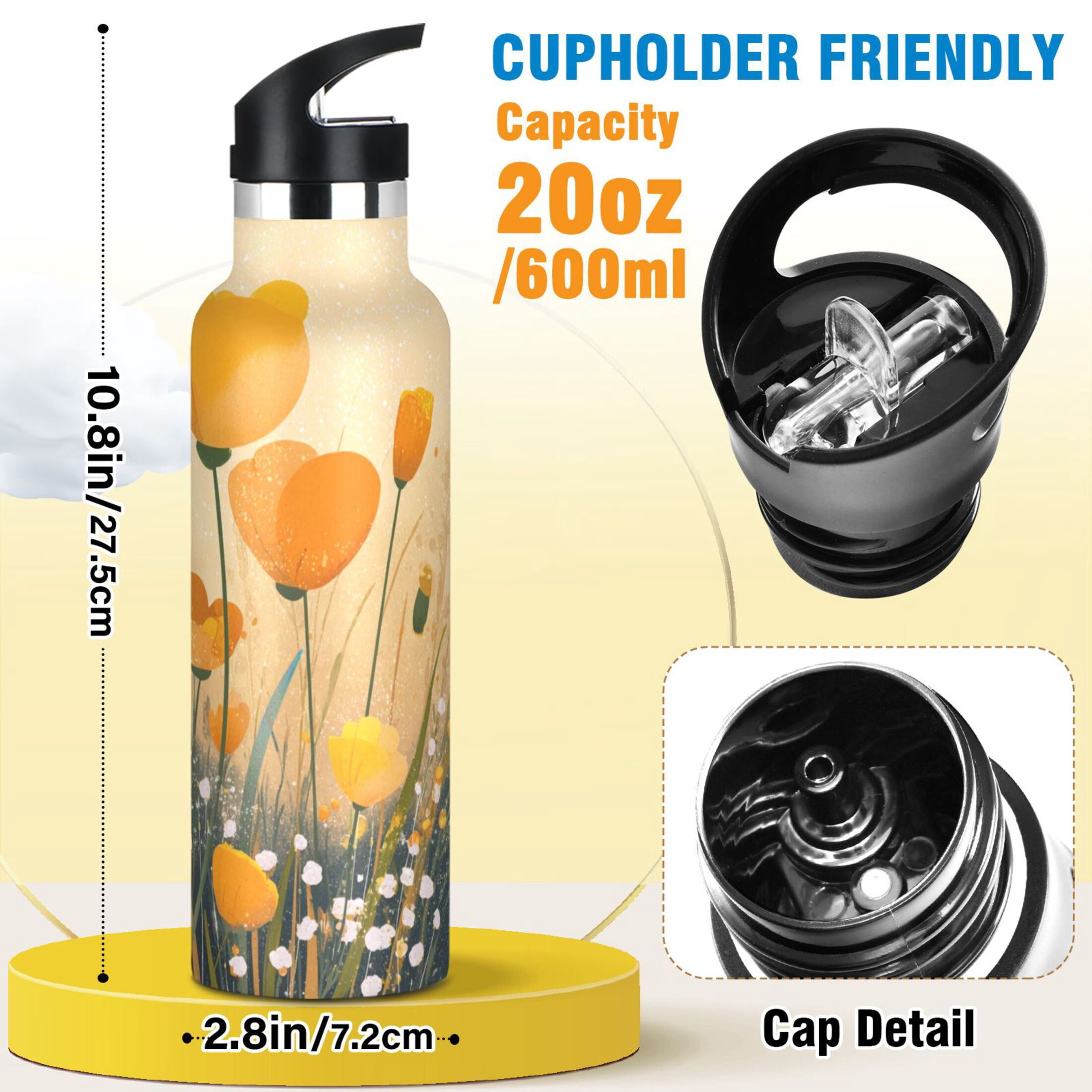Kids Insulated Stainless Steel Sports Water Bottle 600ml (20oz) Yellow Flowers on The Grass