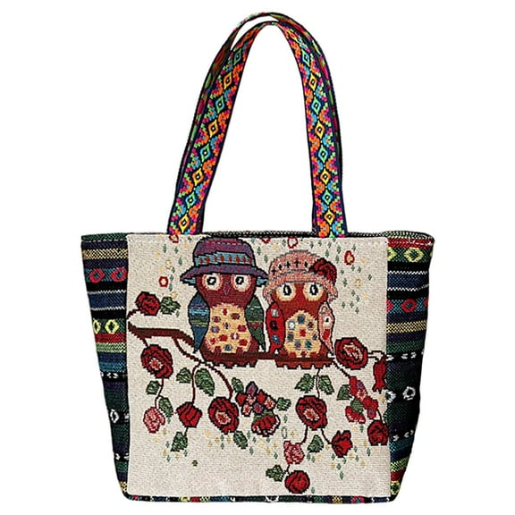Traditional Women Shoulder Bag, Handmade Fashion Large Capacity Tote Bag Shopping Bags , Beige Red Flower Owl