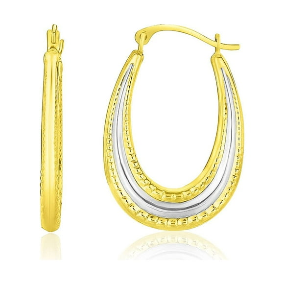 10k Two-Tone Gold Graduated Textured Oval Hoop Earrings