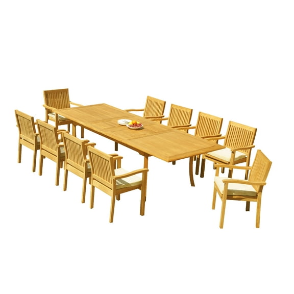 Grade-A Teak Dining Set: 10 Seater 11 Pc: 118" Rectangle Table And 10 Leveb Stacking Arm Chairs Outdoor Patio WholesaleTeak #51LV2411
