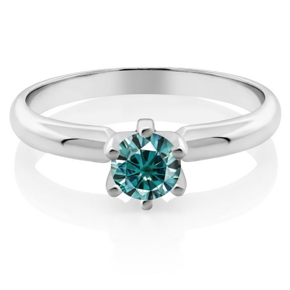 Gem Stone King 925 Sterling Silver Blue Round Moissanite 6-Prong Solitaire Ring for Women (0.50 Cttw, Size 7)