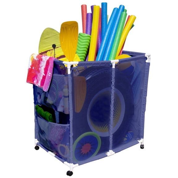 Essentially Yours Pool Float & Toy Rolling Mesh Storage Bin, Large 35" x 25.4" x 37.5", Blue/White Organizer for Floats, Balls & Pool Gear