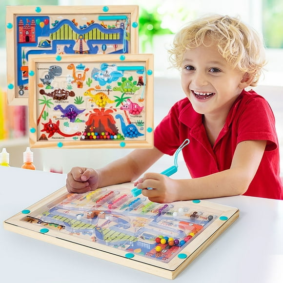 Juguete de rompecabezas de laberinto de bolígrafo de madera magnética | Dinosaurios, parques de atracciones y estilos de carreras | Mejora la coordinación mano-ojo | Juego de Aprendizaje de