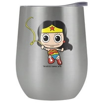 Wonder Woman Official Cute Chibi Golden Lasso 12 OZ Stemless Wine Tumbler, Stainless Steel Travel Cup|Lake Tumbler|Insulated with Leak Resistant Slide-Lock Lid, Stainless Steel