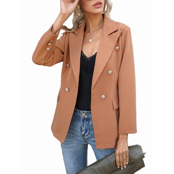 Women Blazer Jacket Business Casual Open Front Business Casual Lapel Elegant Coat with Pockets Khaki XXL