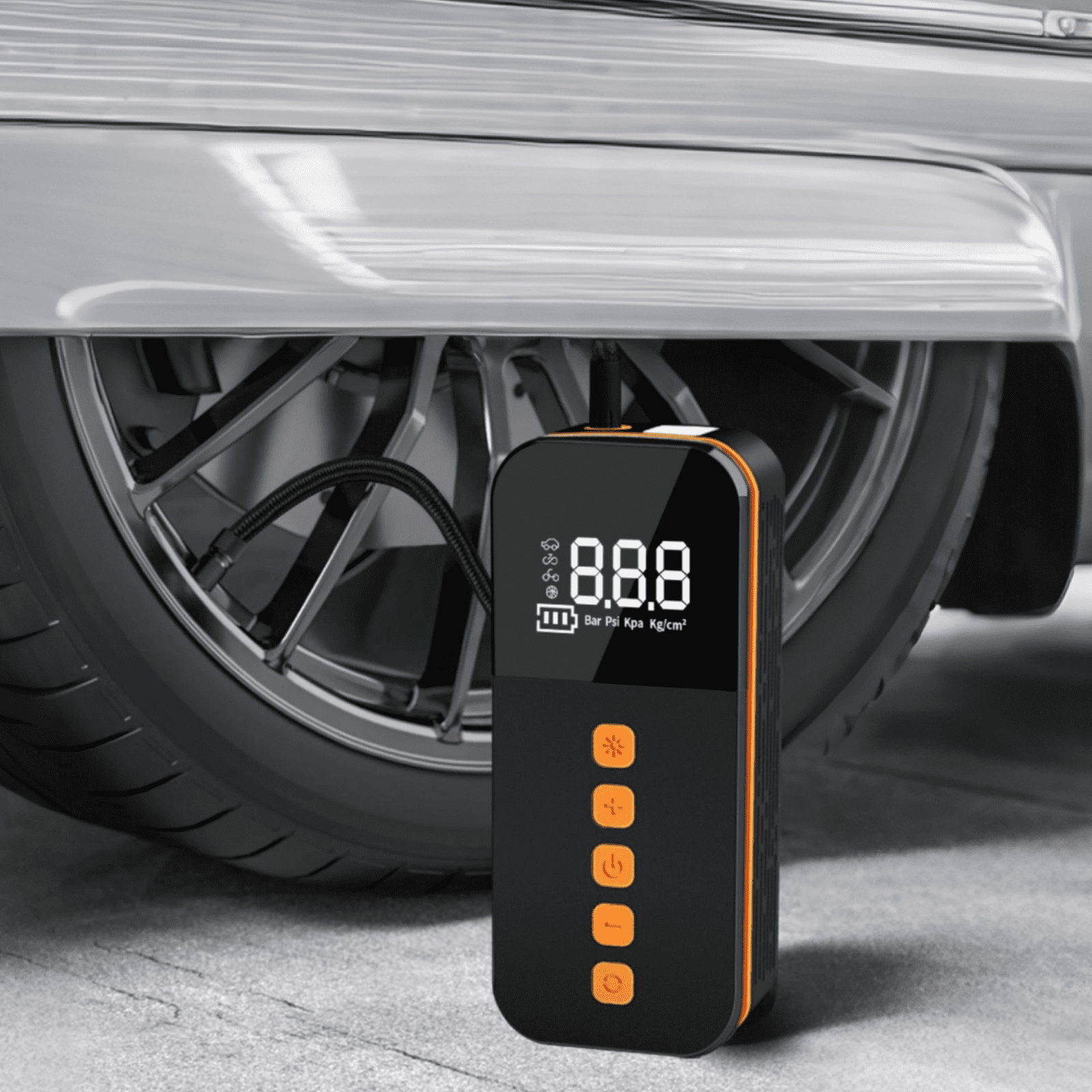Cordless Portable Air Compressor, Electric Air Pump with Preset Tire Pressure, USB Output, LED Display, High Pressure, 4 Units, 3 Nozzles, Car Tire Inflator