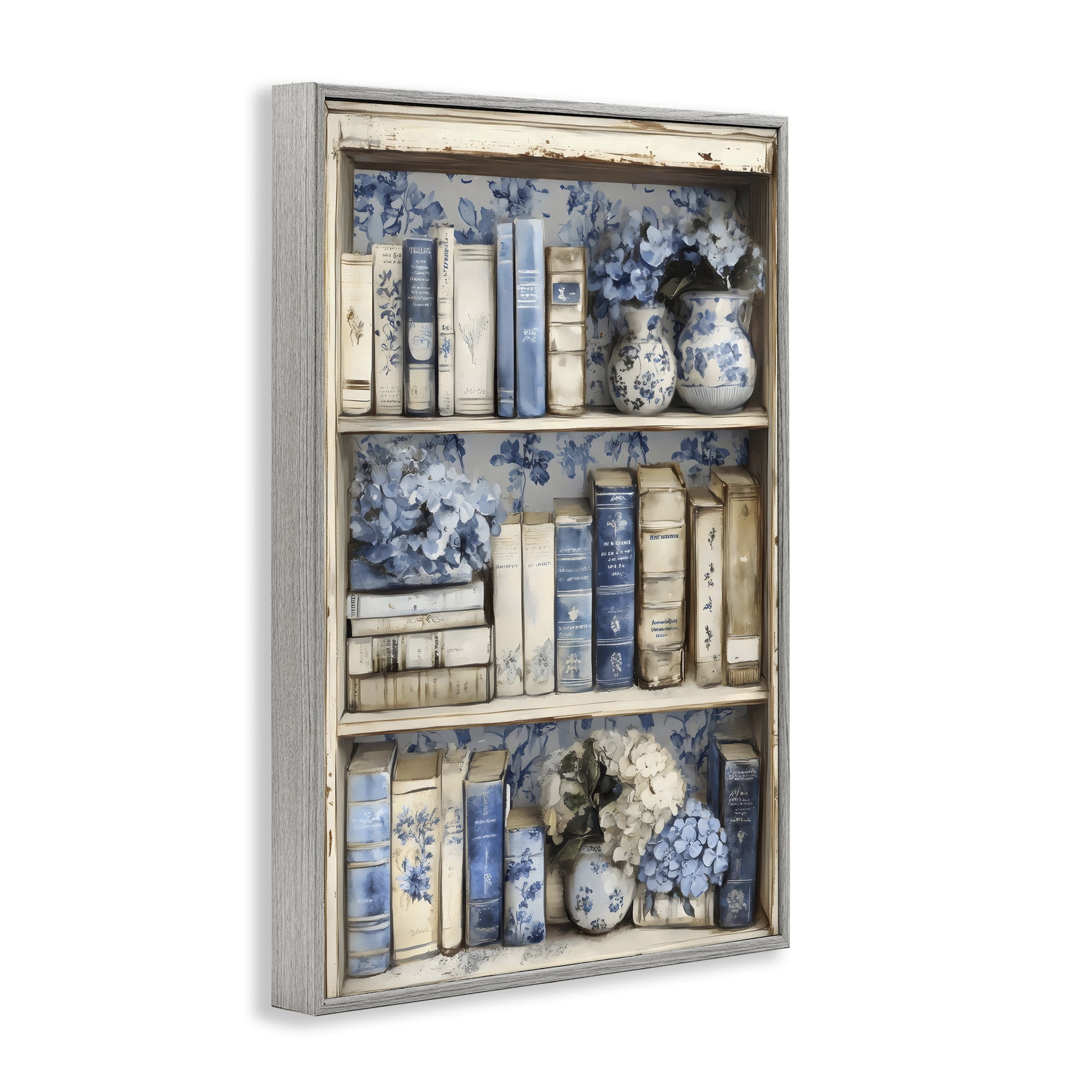 Stupell Industries Blue & Beige Bookcase Gray Framed Giclee Art, design by LSR Design Studio