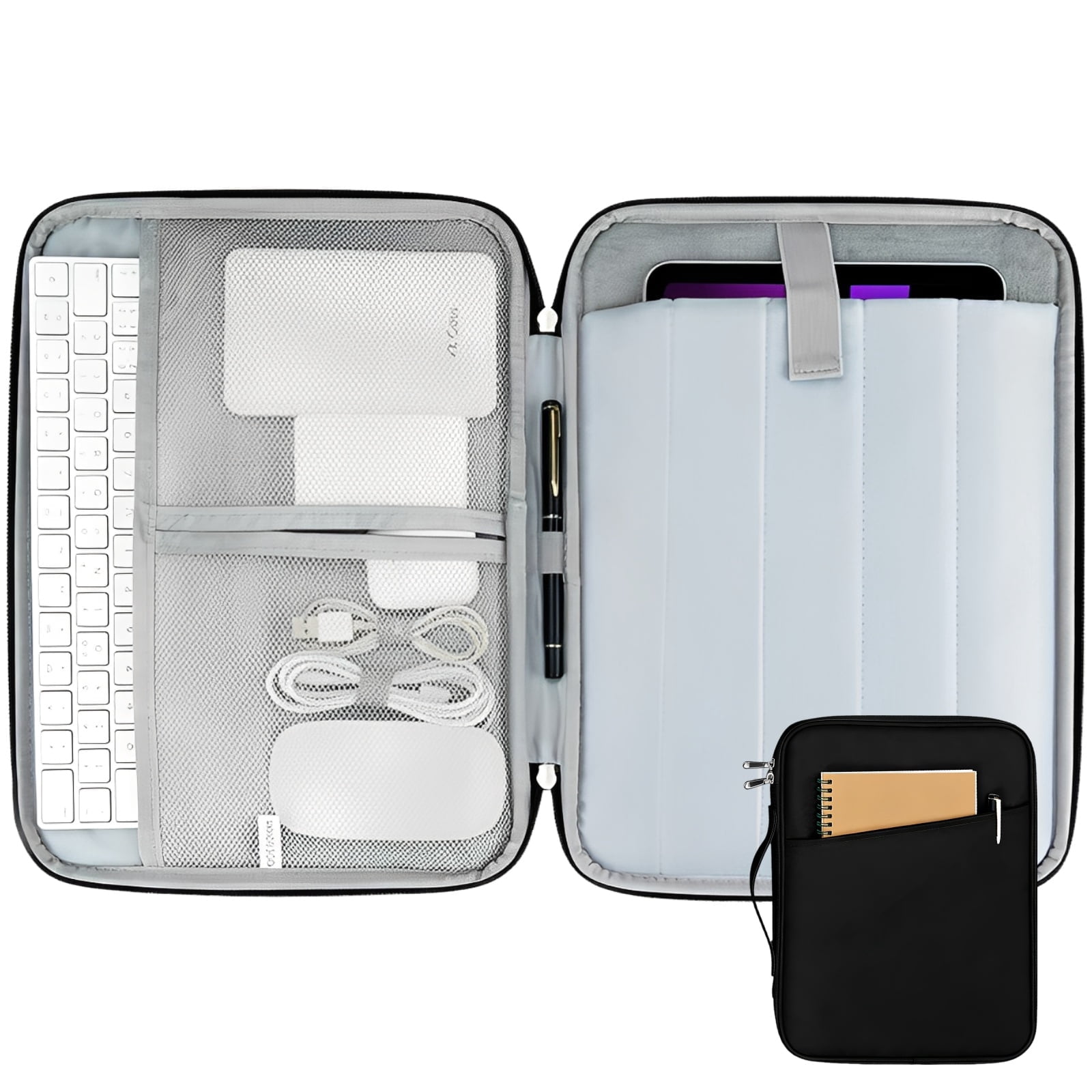 13 Inch Water-Resistant Tablet Sleeve, Thick Padded Protective Case with Handle, Multiple Pockets for iPad, Accessories, Travel, Commute, Black
