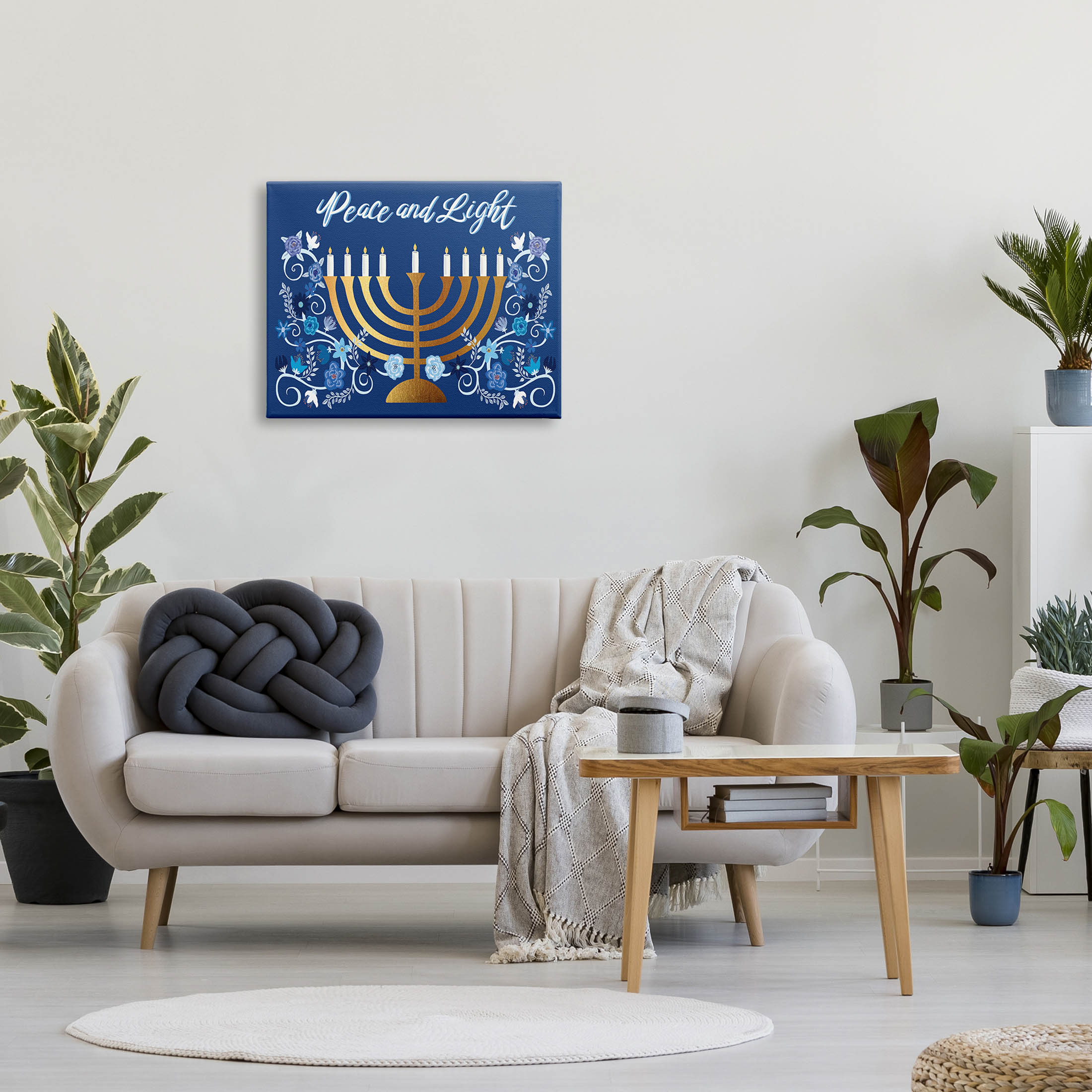 Peace & Light Floral Hanukkah Menorah Holiday Graphic Art Gallery Wrapped Canvas Print Wall Art