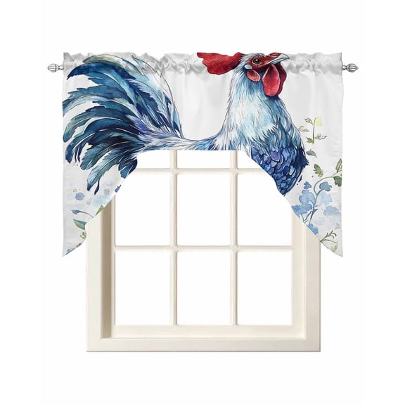 Blue Vintage Rooster Kitchen Swag Valances for Windows, Spring Floral Elegant Animals Swag Valances Curtains for Living Room, Rod Pocket Window Treatments for Bathroom, Bedroom, Cafe, 56"x36"