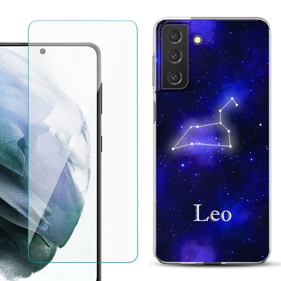 Slim-Fit TPU Fashion Phone Case for Samsung Galaxy S21 FE 5G Fan Edition, with Tempered Glass Screen Protector, by OneToughShield ® - Zodiac / Leo