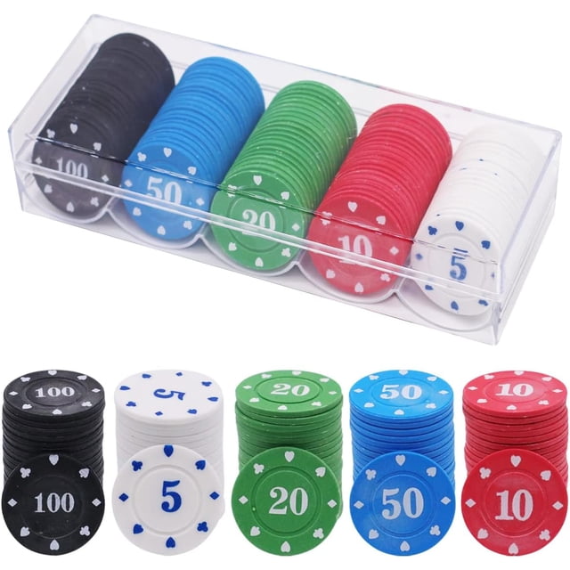 Juego de 100 fichas de póquer de plástico con caja de almacenamiento, fichas de póquer de 4 colores, fichas de ruleta de casino, fichas de bingo para niños, juego de aprendizaje de matemáticas