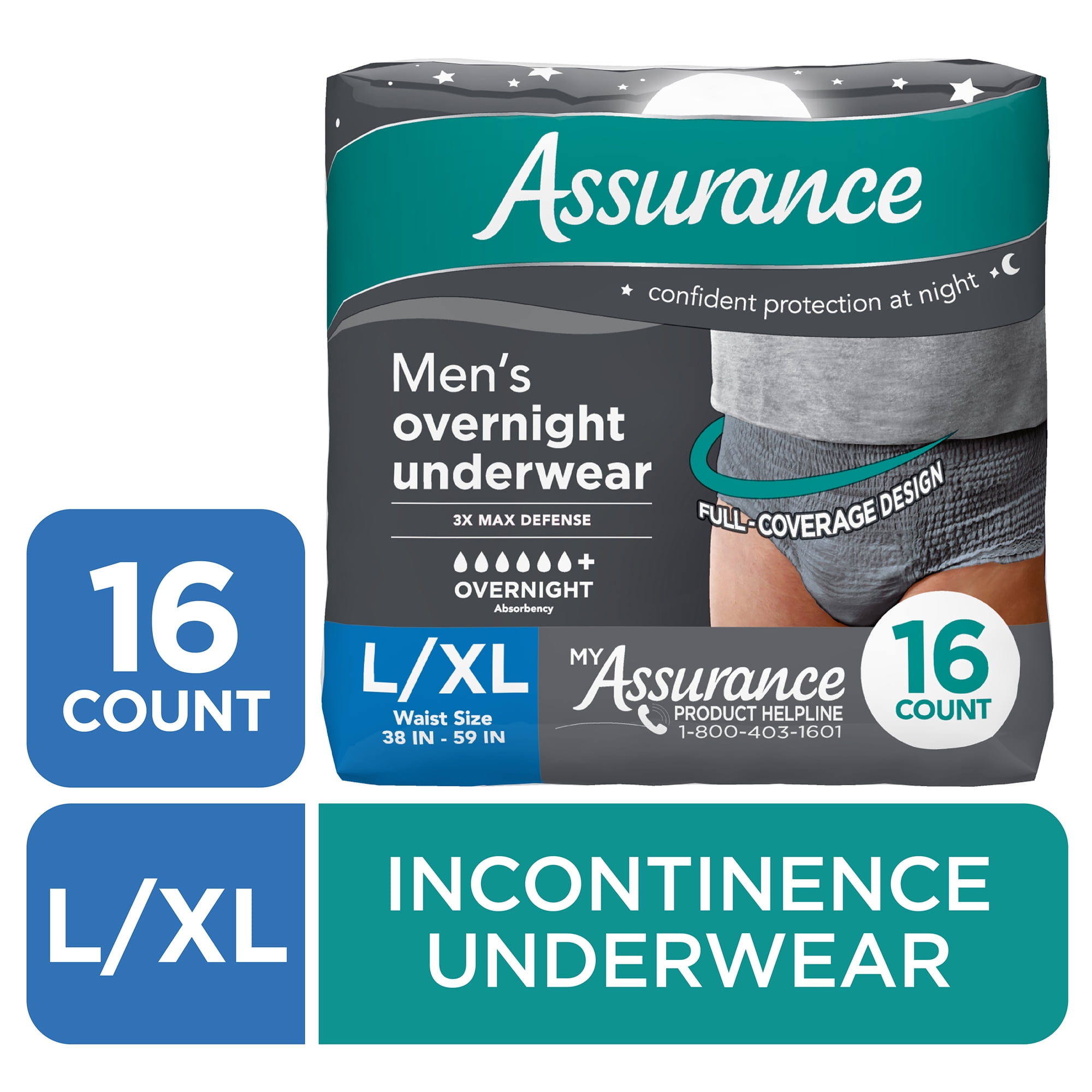 Assurance Men's Overnight Incontinence Underwear, L/XL, Ultimate Absorbency, 16 Count