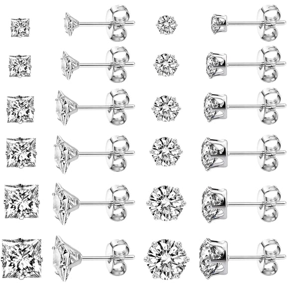 Diamond Stud Earrings Set Silver Plated Princess Round Cut Cubic Zirconia Earring Hypoallergenic Jewelry for Women Men