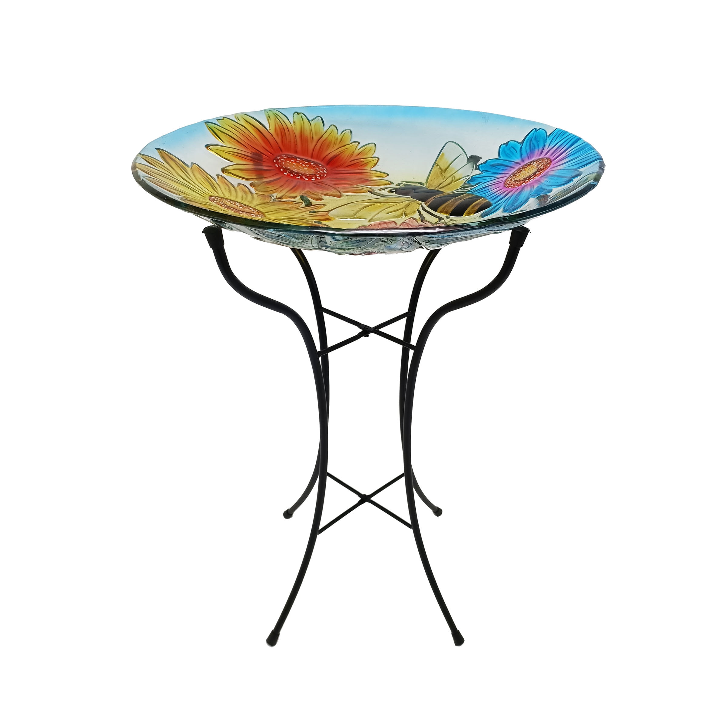 Alpine Corporation 18" Glass Birdbath w/ Flowers & Bee w/ Metal Stand