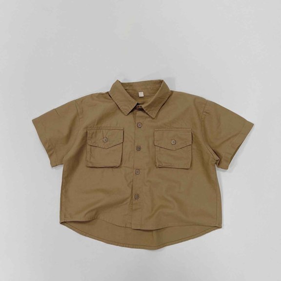 OSOLU Boys Shirt Short Sleeve Solid Color Button Down Lapel Collar with Pocket Cargo Casual Tops Khaki