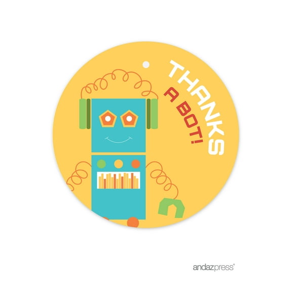 Robot Birthday Round Circle Gift Tag, Thanks a Bot!, 24-Pack