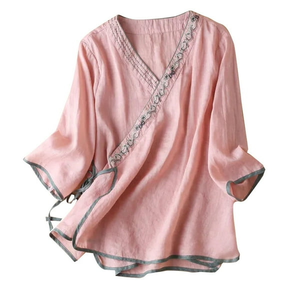 Lisingtool Women Cotton Linen Shirts Vintage Chinese Embroidery 3/4 Sleeve Casual Trendy Tops Loose V Neck Side Tie Slit Blouse Pink