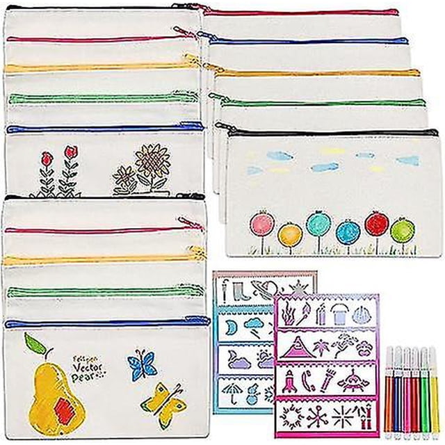 15 estuches de tela para lápices, estuches para lápices para niños en blanco, 6 lápices de colores y 8 moldes para pintar para bolsas de maquillaje de viaje, estuche para lápices