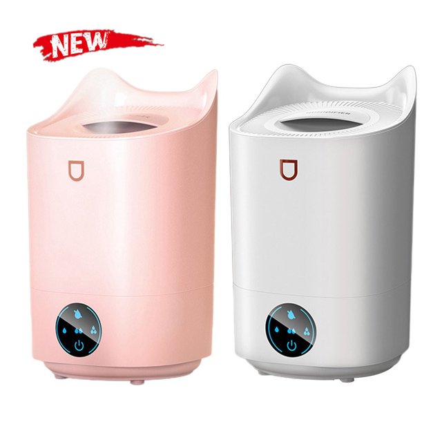 Home Air Humidifier Double Nozzle Cool Mist Aroma Diffuser with Colorful LED Light and heavy fog ultrasonic technology. The image shows two units, one in pink and the other in white, featuring a sleek design with a flat mist outlet and touch screen controls. The humidifier has a 4L capacity, portable water filling, and four gear spray adjustment. It includes safety features like water shortage protection and automatic power-off. Ideal for maintaining air quality and adding a soothing aroma to your space.
