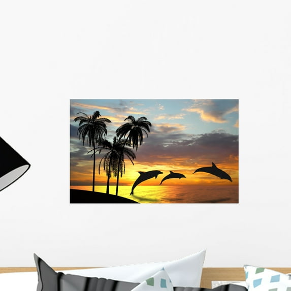 Dolphins near Hawaii Wall Mural Decal Sticker, Wallmonkeys Peel & Stick Vinyl Graphic (18 in W x 11 in H)