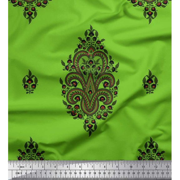 Soimoi Green Cotton Voile Fabric Leaves & Floral Block Fabric Prints By Yard 42 Inch Wide