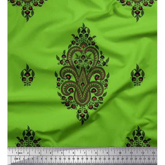 Soimoi Green Cotton Voile Fabric Leaves & Floral Block Fabric Prints By Yard 42 Inch Wide